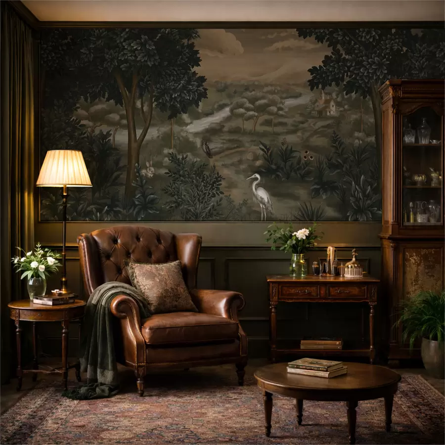 stenske poslikave Fantazijska pokrajina z reko, hišo in pticami med drevesi w05090