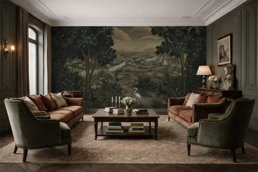 stenske poslikave Fantazijska pokrajina z reko, hišo in pticami med drevesi w05090