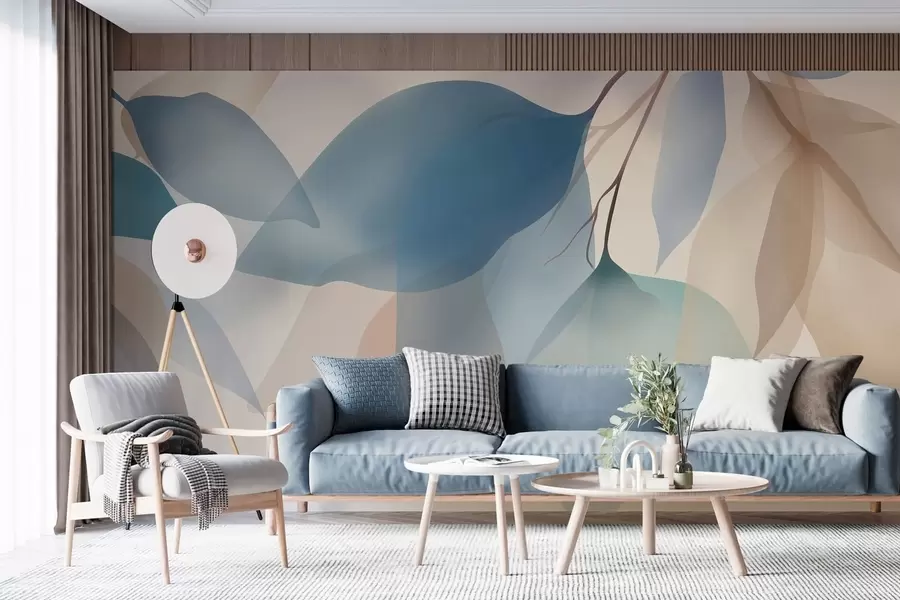 stenske poslikave elegantni polprosojni listi v odtenkih modre in bež barve w05060