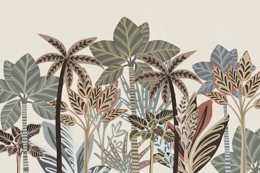 stenske poslikave Teksturirane tropske rastline in palme v umirjenih barvah v dekorativnem boho slogu na kremastem ozadju w09639