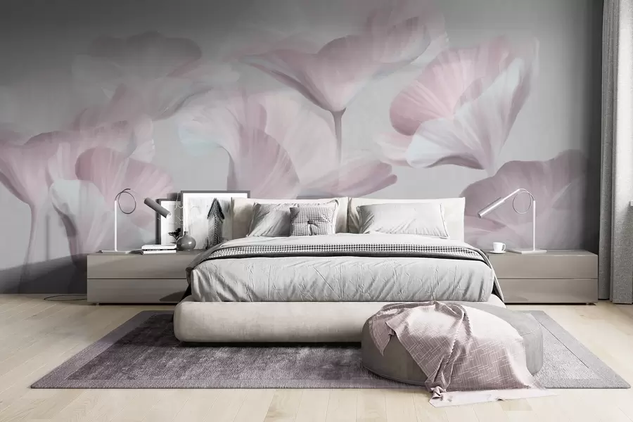 stenske poslikave Bledo rožnate, teksturirane, prosojne lotusove cvetove z nežnimi cvetnimi listi na nevtralnem sivem ozadju w09640v1