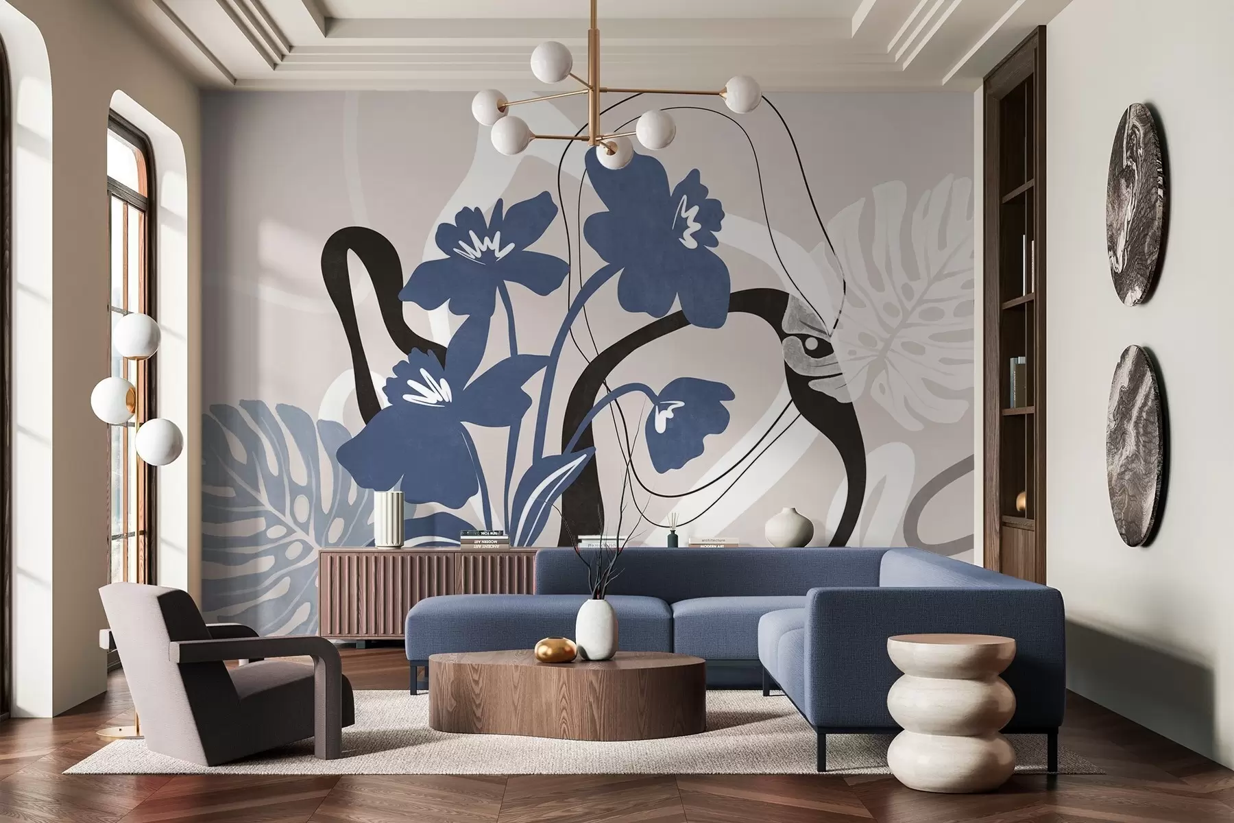 stenske poslikave Abstraktni teksturirani modri cvetovi z belimi in črnimi oblikami na svetlo bežnem ozadju, minimalistična umetnost w09645