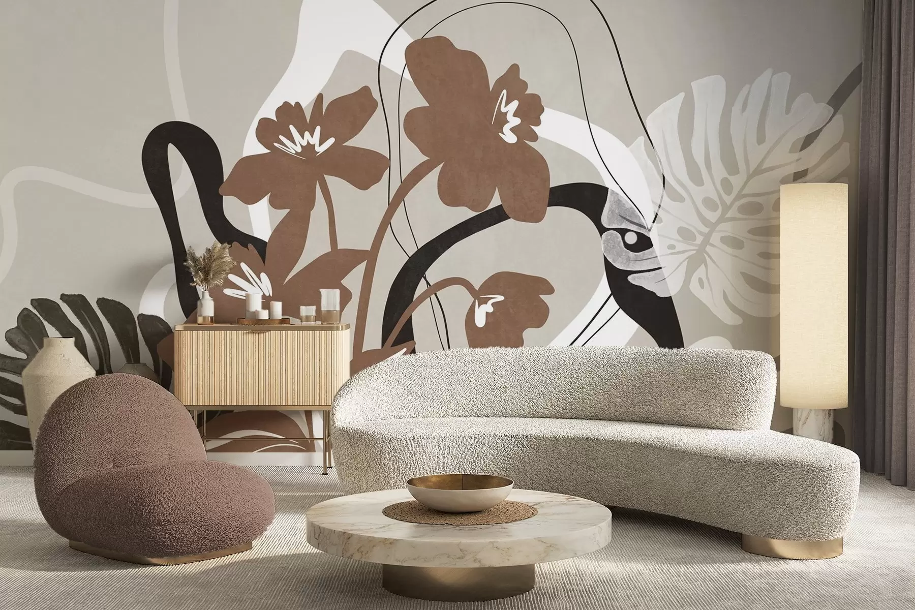 stenske poslikave Abstraktni teksturirani rjavi cvetovi z belimi in črnimi oblikami na bežnem ozadju, minimalistična umetnost w09645v1