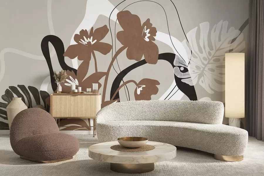 stenske poslikave Abstraktni teksturirani rjavi cvetovi z belimi in črnimi oblikami na bežnem ozadju, minimalistična umetnost w09645v1