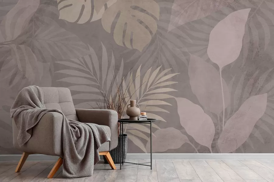 stenske poslikave teksturirani tropski listi na sivem ozadju w05063v1