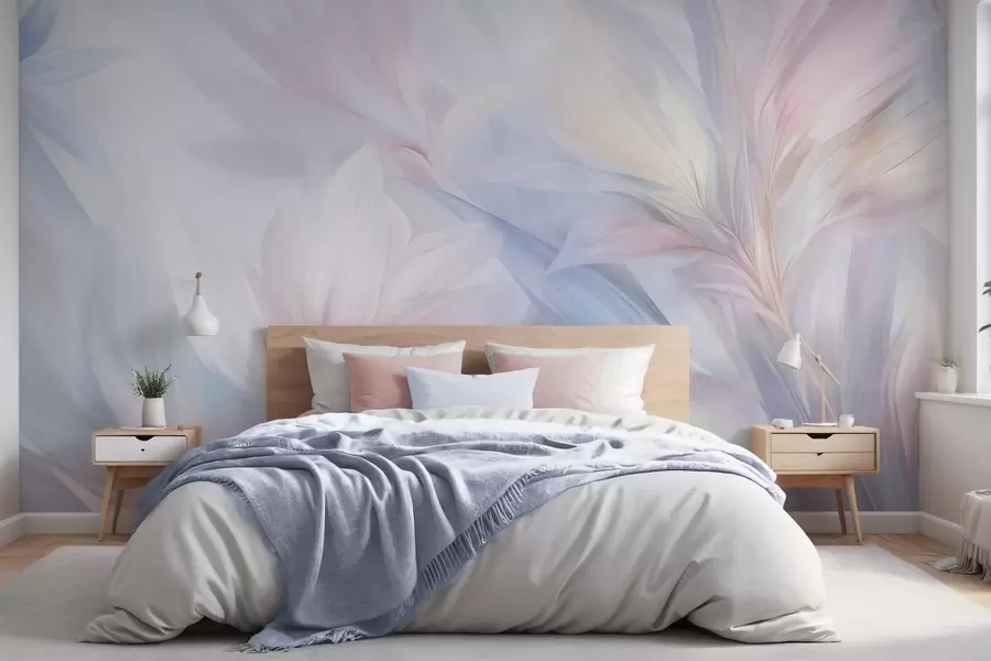 stenske poslikave Mehka, pastelno obarvana listja in peresa v odtenkih roza, modre in rumene barve, abstraktni in teksturirani potisk w09634