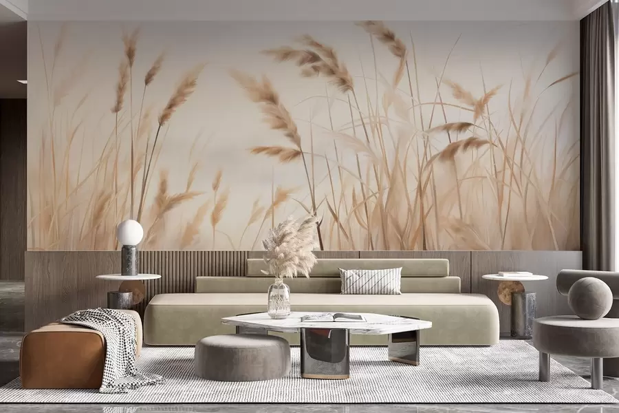 stenske poslikave Visoka, teksturirana suha trava z klasji pšenice na polju pred mehkim, bledim ozadjem w09648