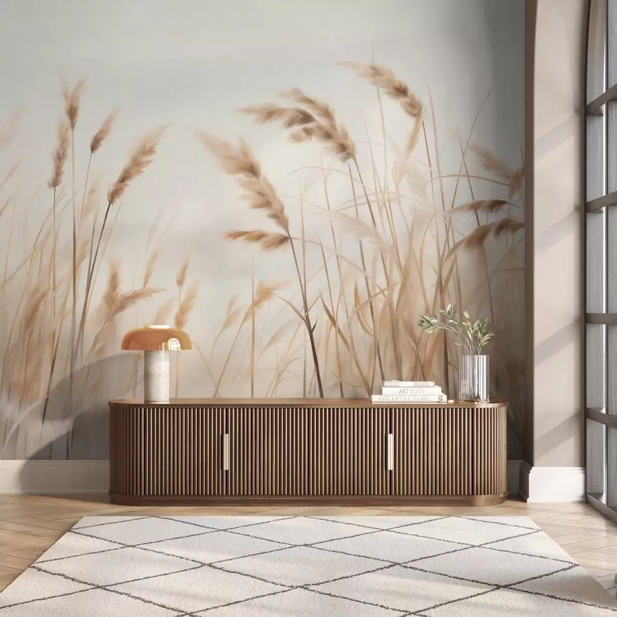 stenske poslikave Visoka, teksturirana suha trava z klasji pšenice na polju pred mehkim, bledim ozadjem w09648