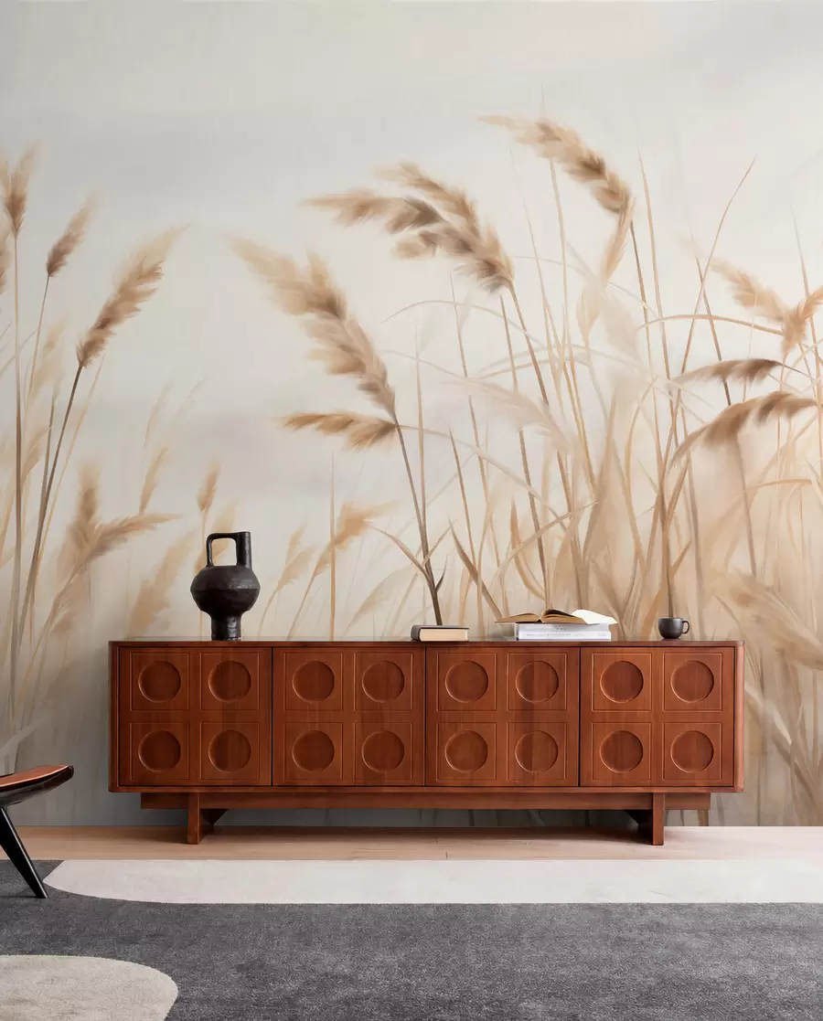 stenske poslikave Visoka, teksturirana suha trava z klasji pšenice na polju pred mehkim, bledim ozadjem w09648