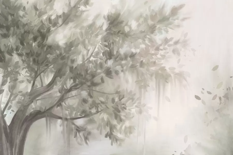 stenske poslikave Teksturirano drevo s svetlo zelenimi listi in vejami, z mehkim, zamegljenim ozadjem w09650