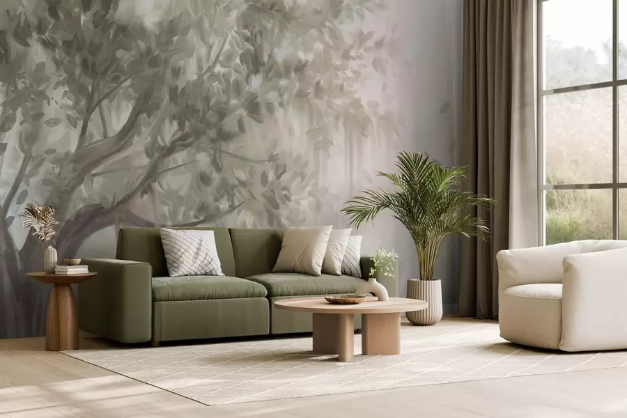 stenske poslikave Teksturirano drevo s svetlo zelenimi listi in vejami, z mehkim, zamegljenim ozadjem w09650