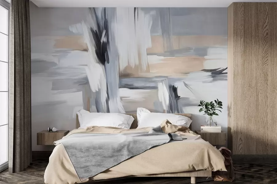 stenske poslikave Abstraktni slikarski slog s čopičnimi potezami v odtenkih bele, sive in bež barve w09651