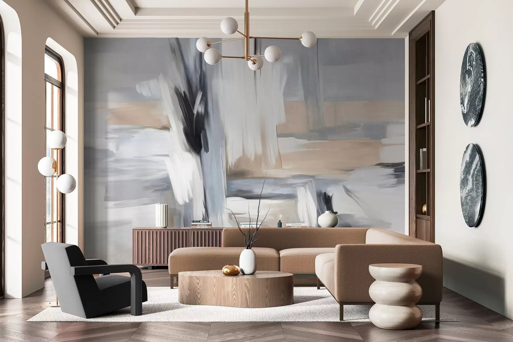 stenske poslikave Abstraktni slikarski slog s čopičnimi potezami v odtenkih bele, sive in bež barve w09651