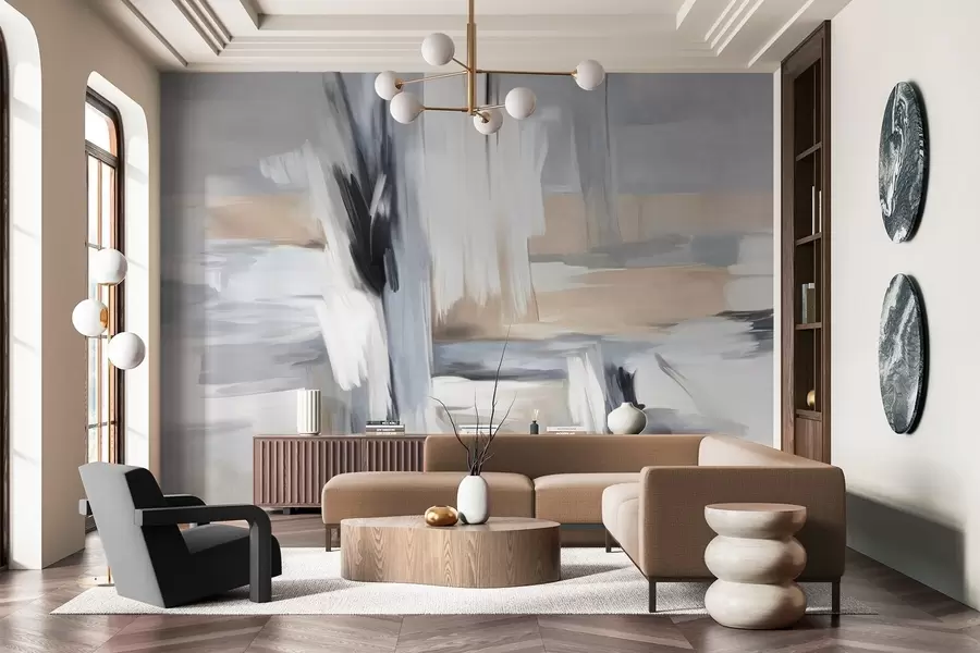 stenske poslikave Abstraktni slikarski slog s čopičnimi potezami v odtenkih bele, sive in bež barve w09651