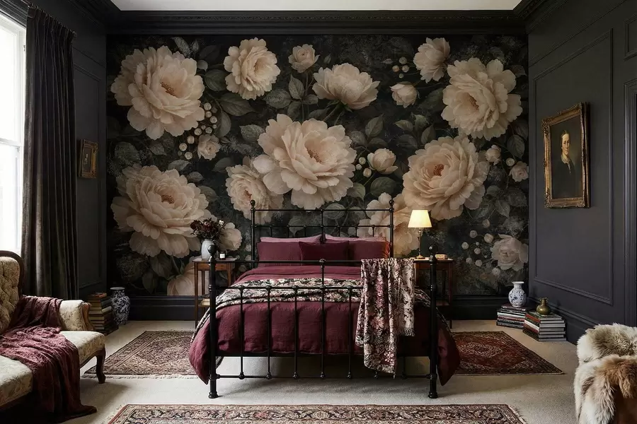 stenske poslikave Obsežni cvetovi v bež barvah na temnem ozadju w05114