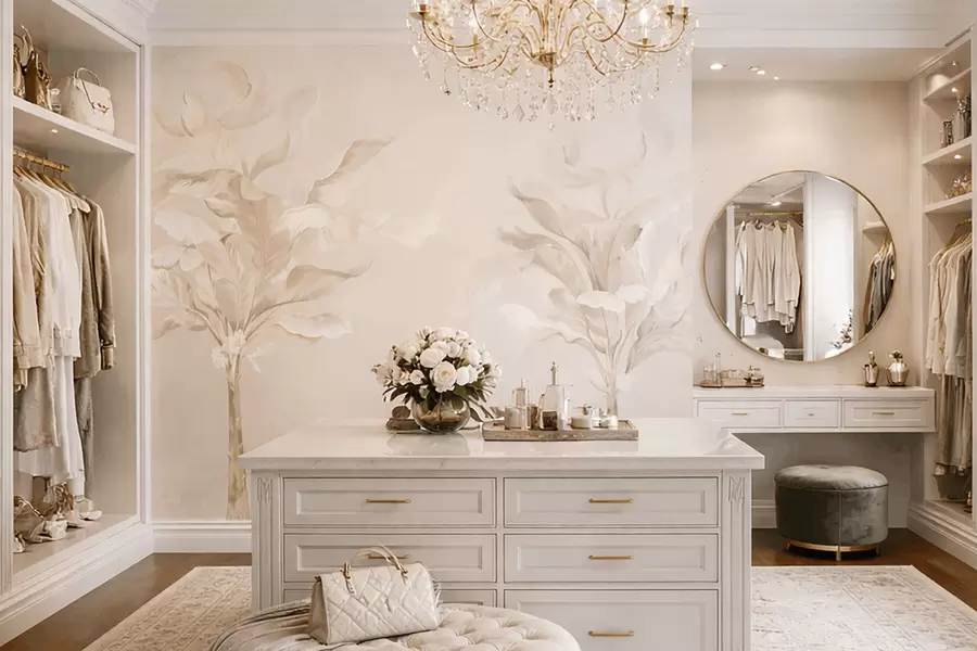 stenske poslikave Zračne okrasne rastline v toplih kremastih odtenkih w05126