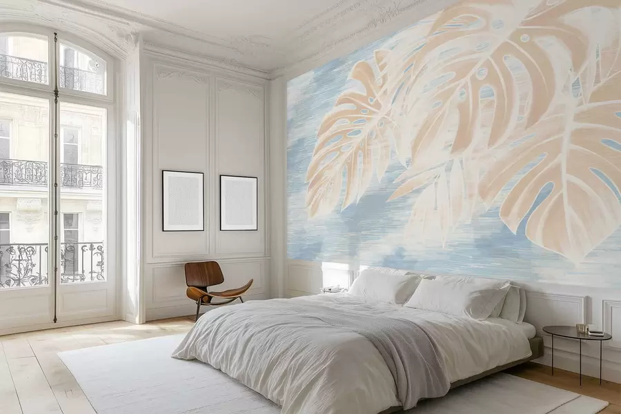 stenske poslikave Abstraktni listi v toplih bež tonih na svetlem ozadju w05130