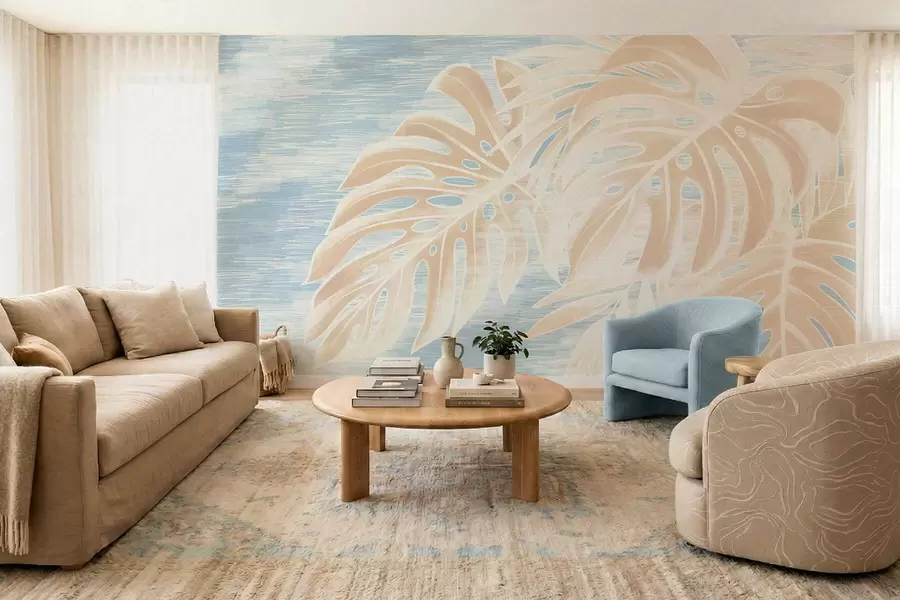 stenske poslikave Abstraktni listi v toplih bež tonih na svetlem ozadju w05130