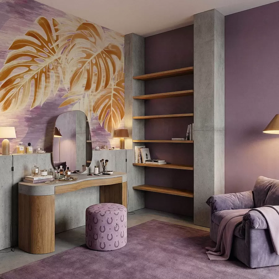 stenske poslikave Listi v toplih oranžnih odtenkih na vijoličnem ozadju w05130v2