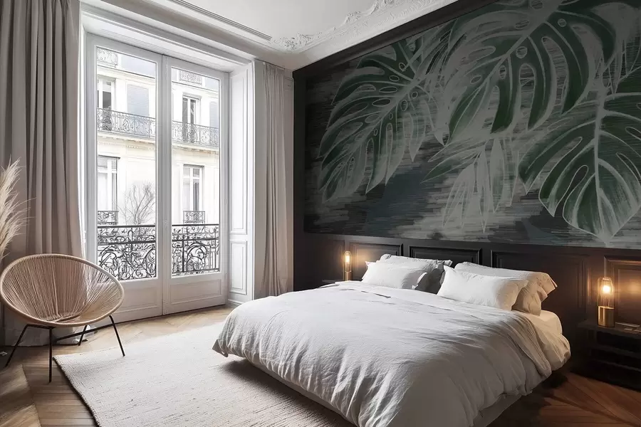 stenske poslikave Temno zelene liste na teksturiranem temnem ozadju w05130v4