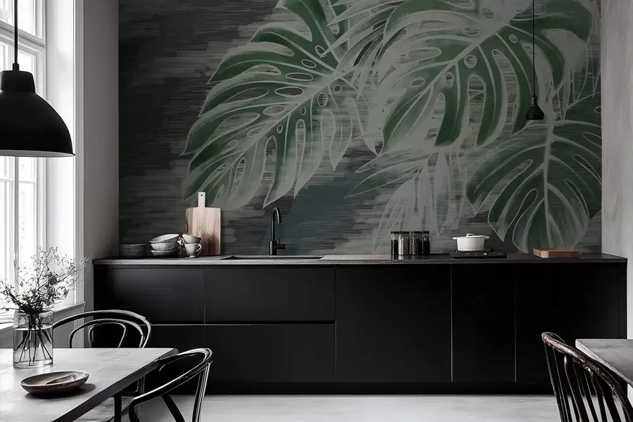 stenske poslikave Temno zelene liste na teksturiranem temnem ozadju w05130v4