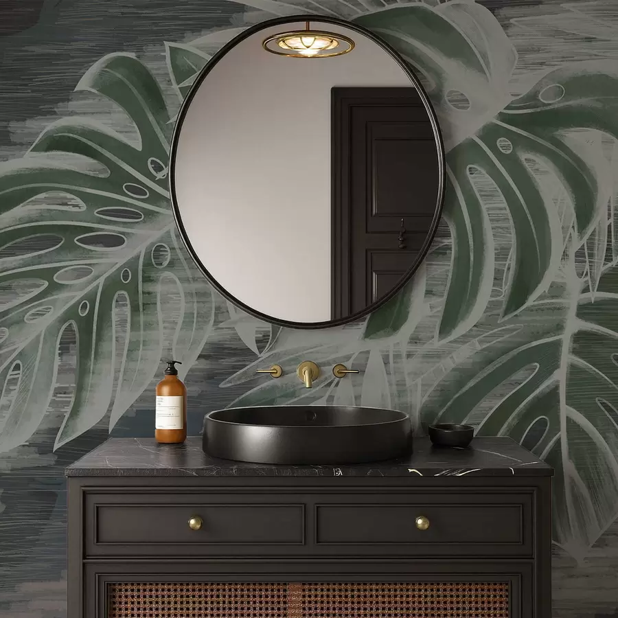 stenske poslikave Temno zelene liste na teksturiranem temnem ozadju w05130v4