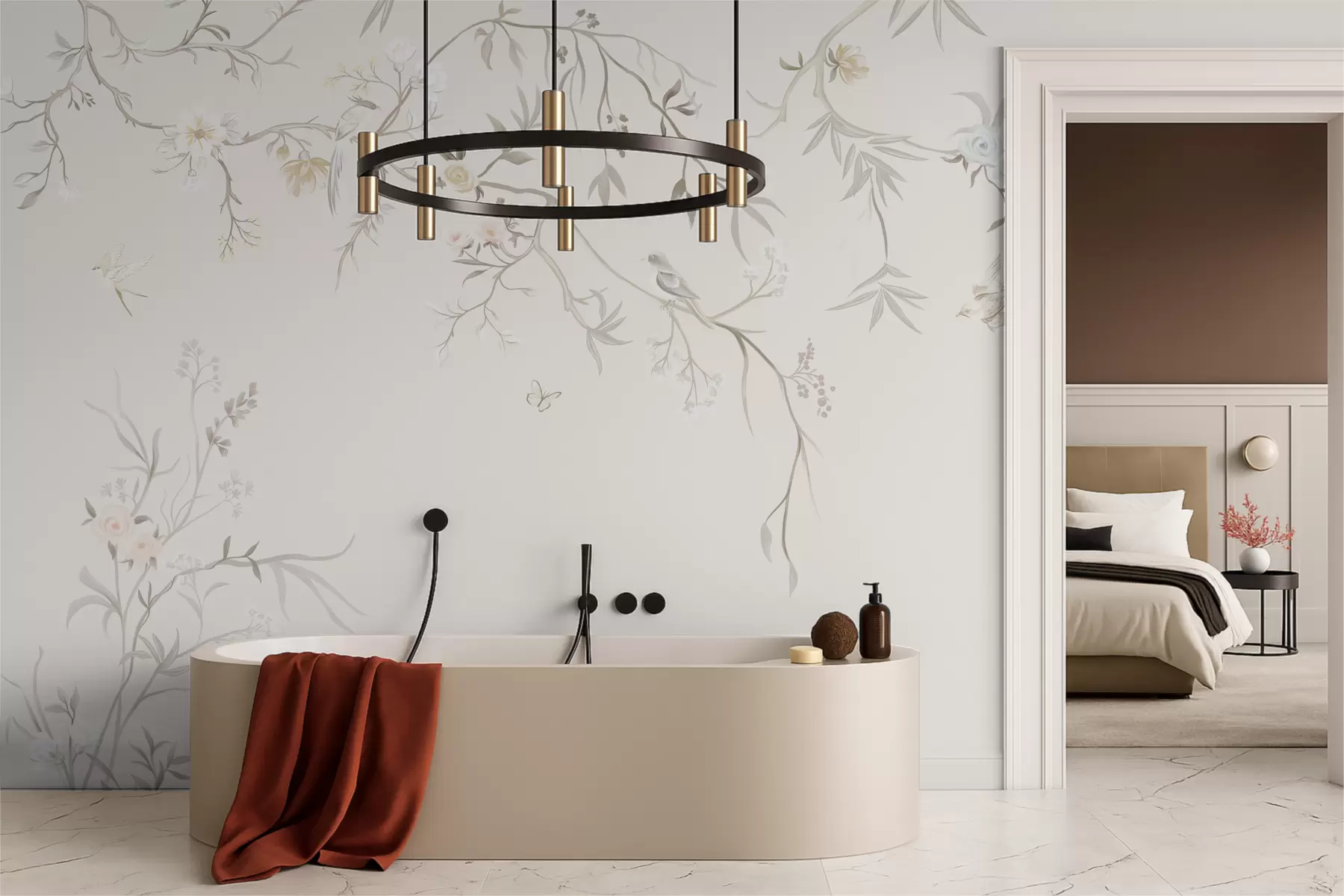 stenske poslikave Nežni cvetovi in ptice na krednem ozadju w05127