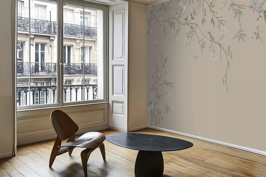 stenske poslikave Cvetlični vejici s pticami na topli bež barvi ozadja w05127v1