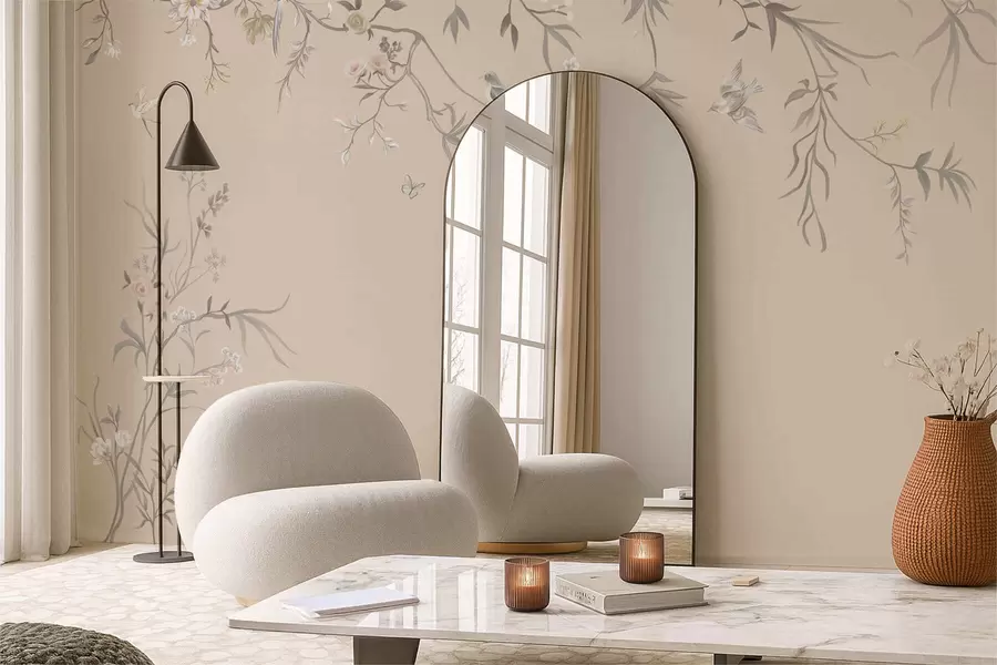 stenske poslikave Cvetlični vejici s pticami na topli bež barvi ozadja w05127v1