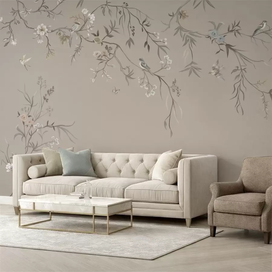 stenske poslikave Cvetlični ornament s pticami na nevtralnem ozadju w05127v3