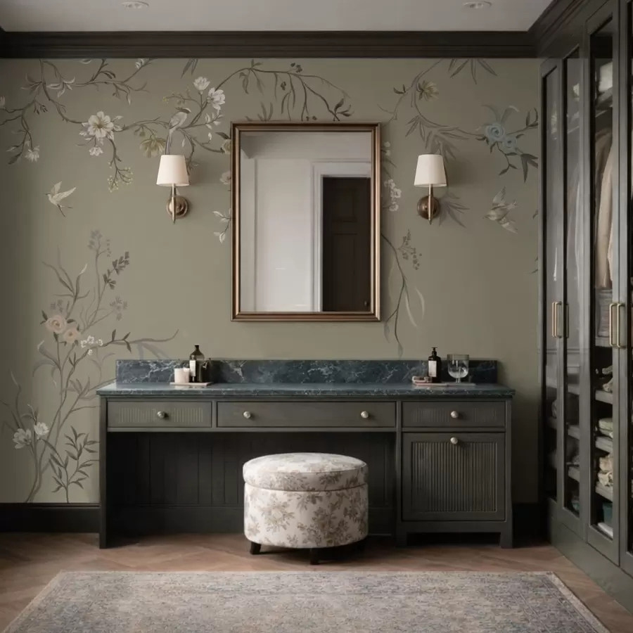 stenske poslikave Cvetlični motiv s pticami na sivem ozadju w05127v4