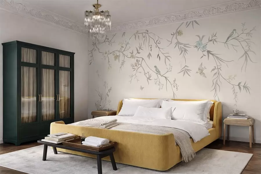 stenske poslikave Cvetlični veji s pticami na svetlem ozadju w05127v7