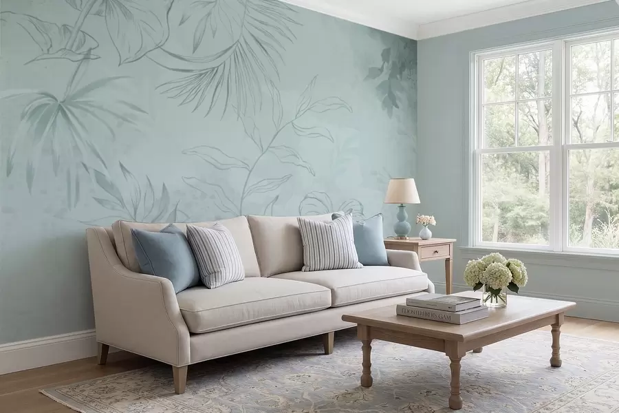 stenske poslikave Linearne rastline na mehkem zelenkastem ozadju w05128v1