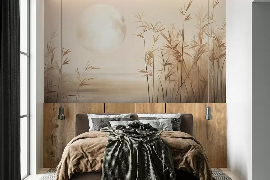 stenske poslikave Teksturirana pokrajina z visokim trstjem, jezerom in bledo luno na zamegljenem nebu w09631