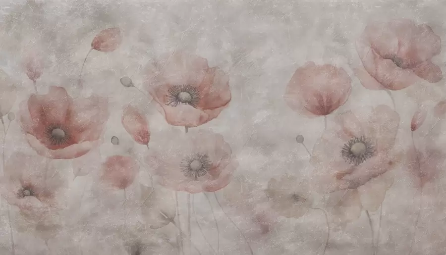 stenske poslikave Veliki makovi cvetovi na steni z antikvarnim učinkom w09686
