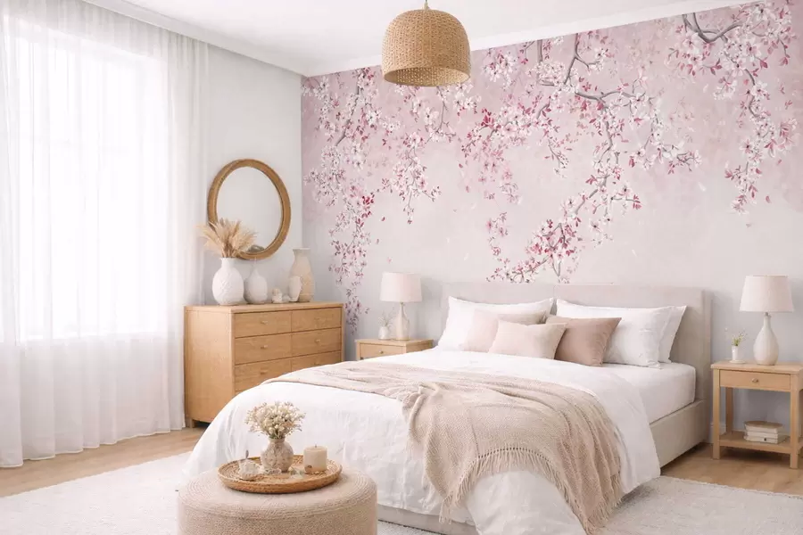 stenske poslikave Vejice z rožnatimi cvetovi na nežnem pastelno obarvanem ozadju w05129v1