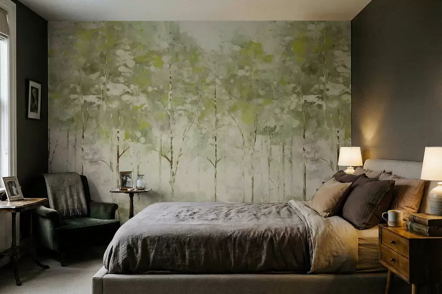 stenske poslikave Stiliziran gozd s tankimi drevesi v zelenih odtenkih w05221v1