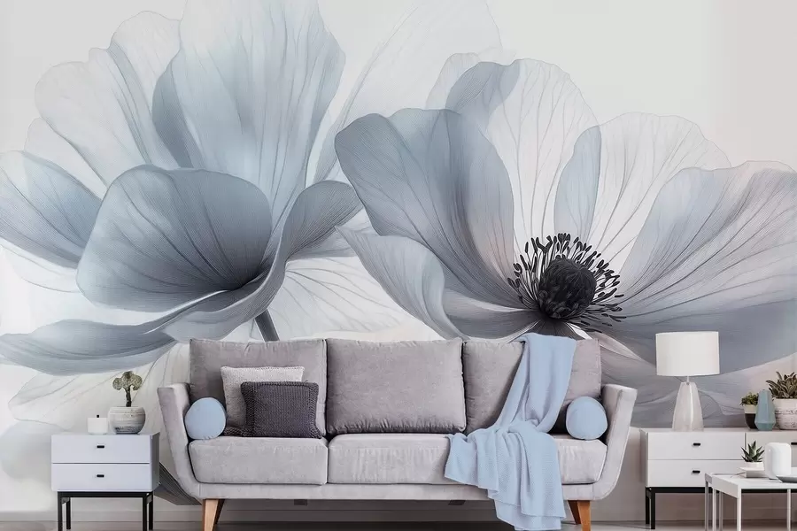 stenske poslikave Prosojne modro-bele cvetove na svetlem ozadju w09720