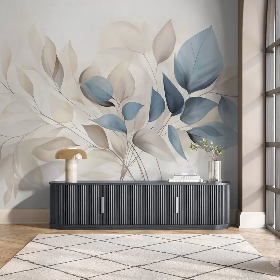 stenske poslikave Abstraktni prosojni listi v odtenkih modre, bež in smetanove barve, teksturirana umetnost w09744