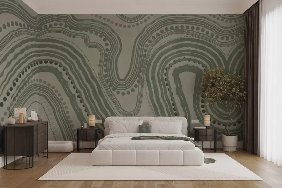 stenske poslikave Abstraktne zelene in bež valovite črte in pike, sodobna teksturirana umetnost w09747