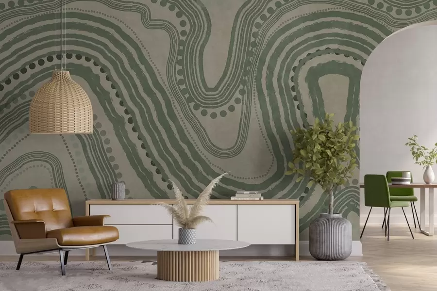 stenske poslikave Abstraktne zelene in bež valovite črte in pike, sodobna teksturirana umetnost w09747