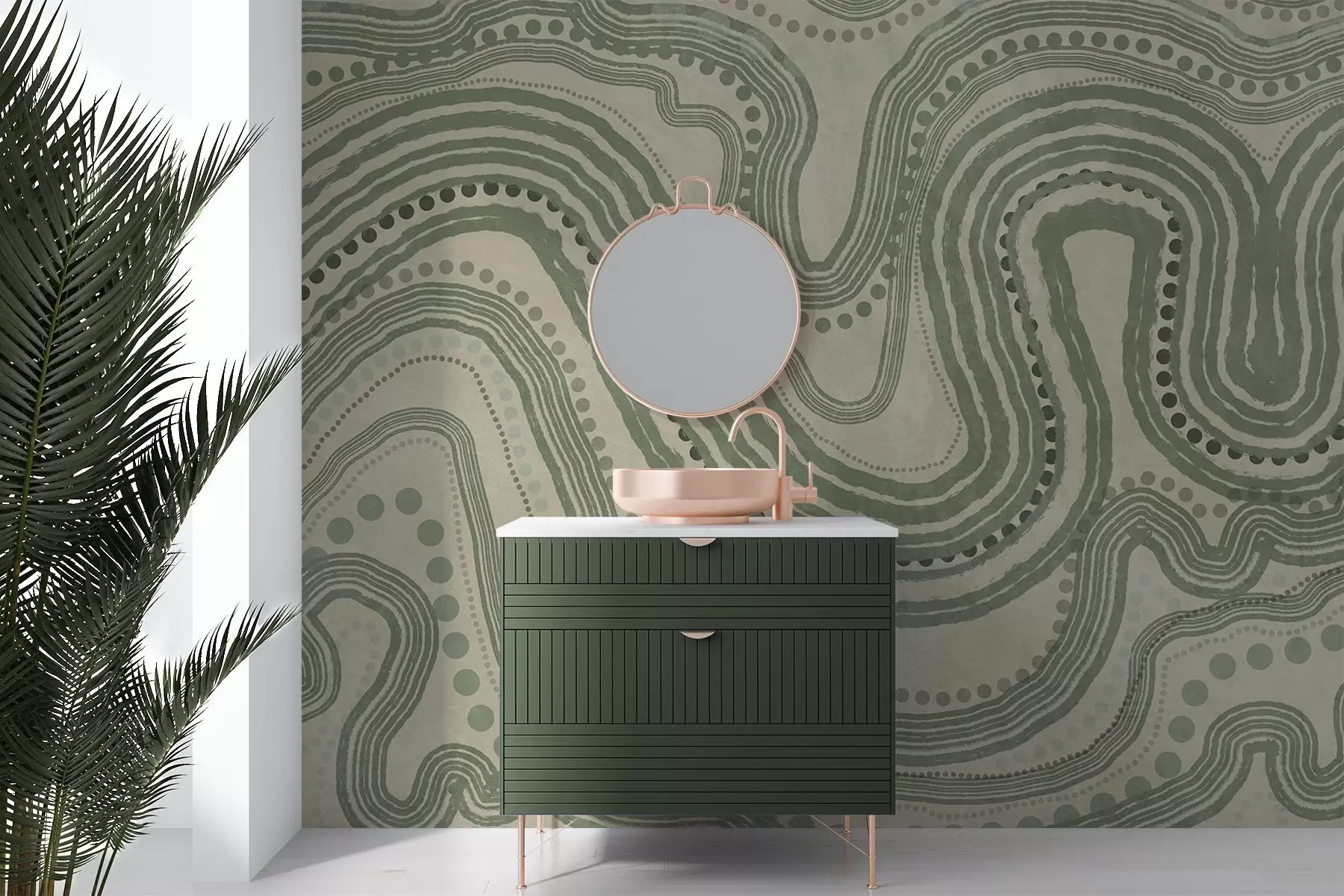 stenske poslikave Abstraktne zelene in bež valovite črte in pike, sodobna teksturirana umetnost w09747