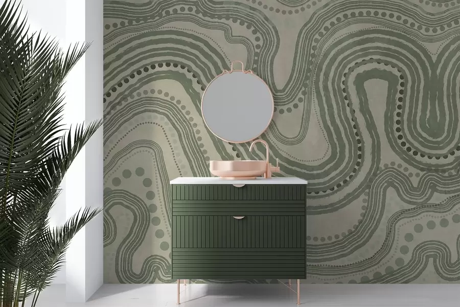 stenske poslikave Abstraktne zelene in bež valovite črte in pike, sodobna teksturirana umetnost w09747