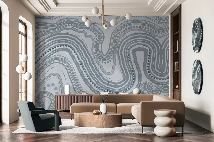 stenske poslikave Abstraktne modre valovite črte in pike, sodobna teksturirana umetnost w09747v3