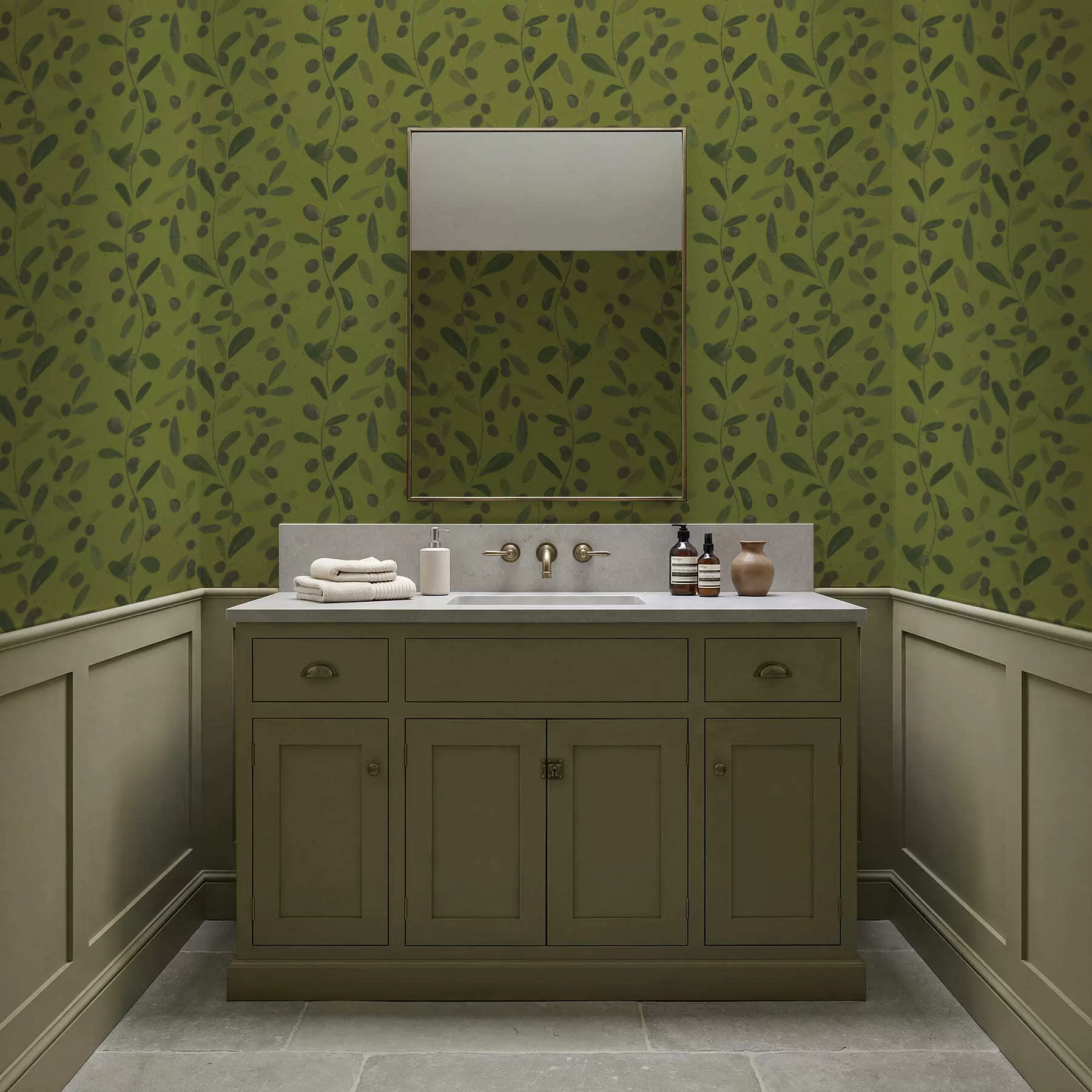 stenske poslikave Zelene veje z listi in jagodami na oljki a01113