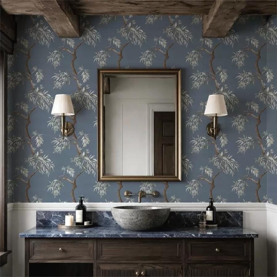 stenske poslikave Vejica z listi na modrem ozadju a01117