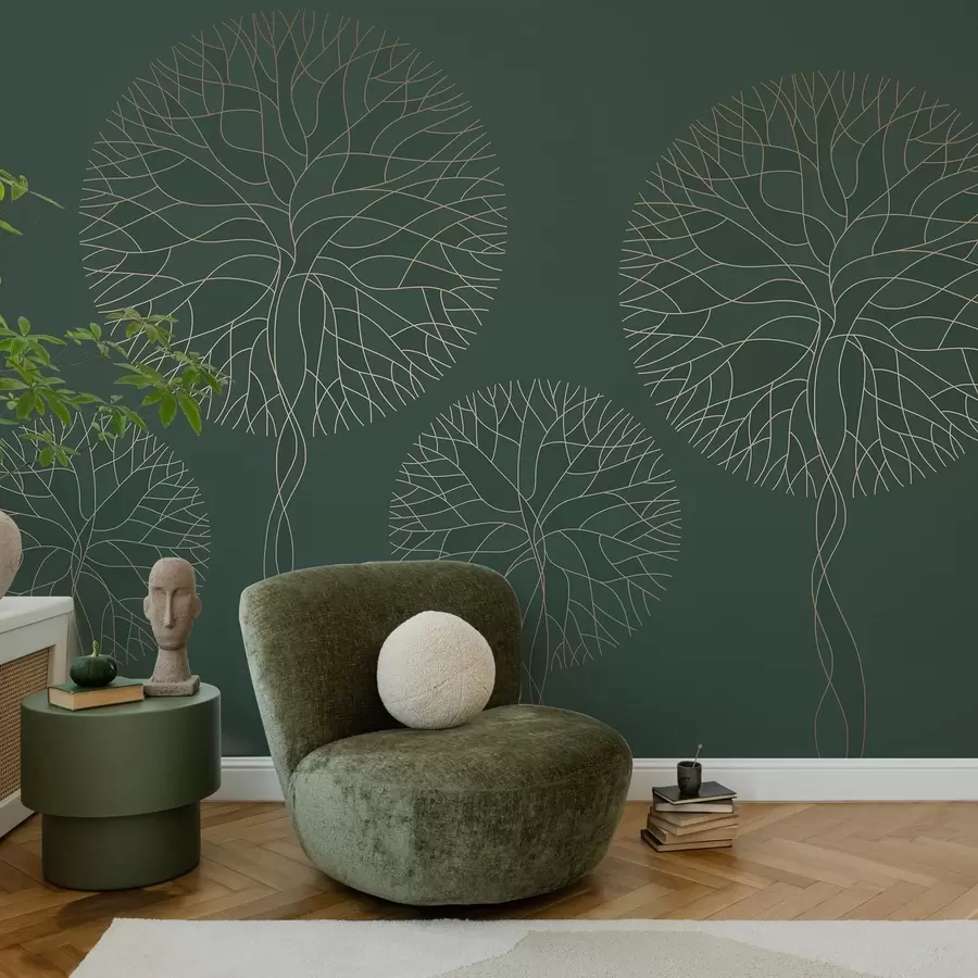 stenske poslikave Fantazijska linearna drevesa z bujnimi krošnjami v elegantnih temno zelenih odtenkih w05213v2