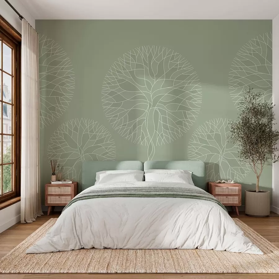 stenske poslikave Fantazijska linearna drevesa z bujnimi krošnjami v svetlo zelenih odtenkih w05213v6