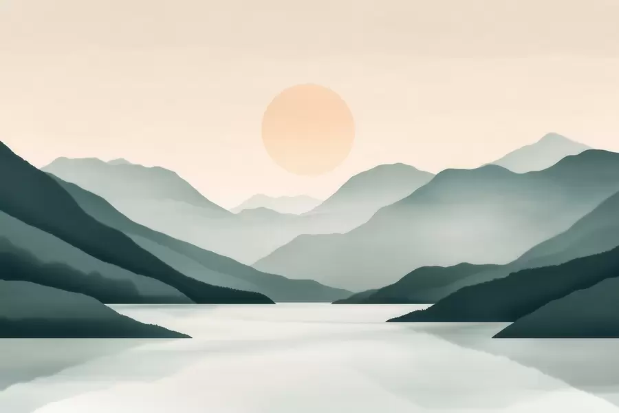 stenske poslikave Mirna gorska pokrajina s soncem nad jezerom w09735