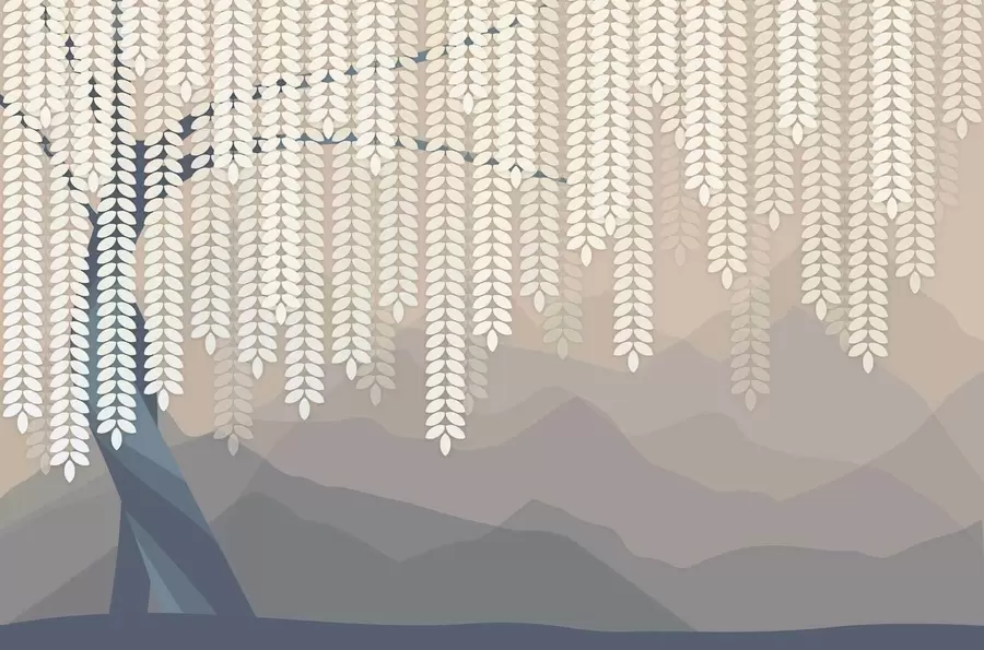 stenske poslikave stilizirana vrba z visečimi listi na ozadju minimalističnih gora v odtenkih bež in modro-zelene barve w05232